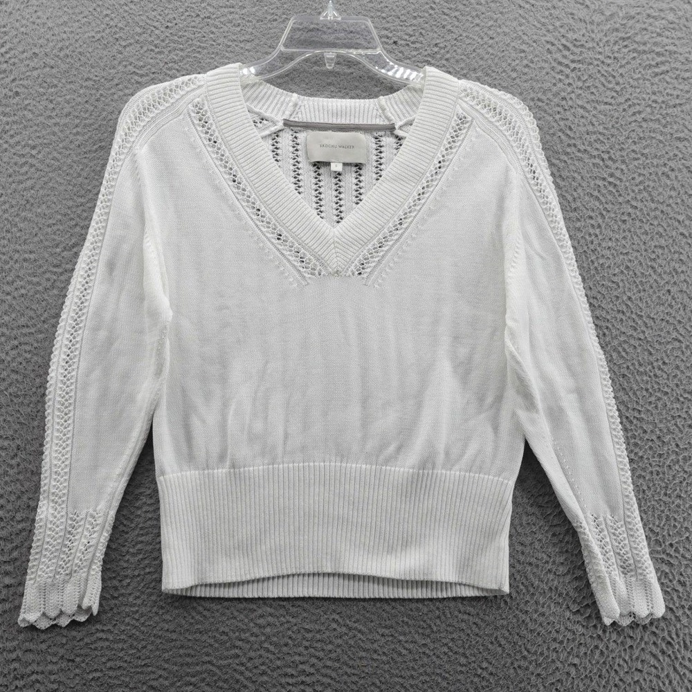 Brochu Walker White Pointelle Cotton V-Neck Sweater Scalloped Cuff LDS3812 Small